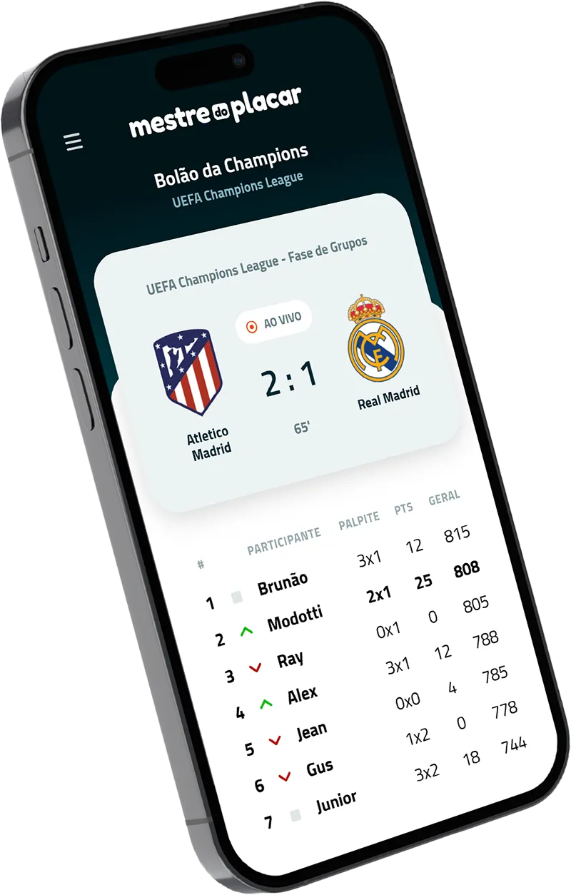 Aplicativo Mestre do Placar em um smartphone